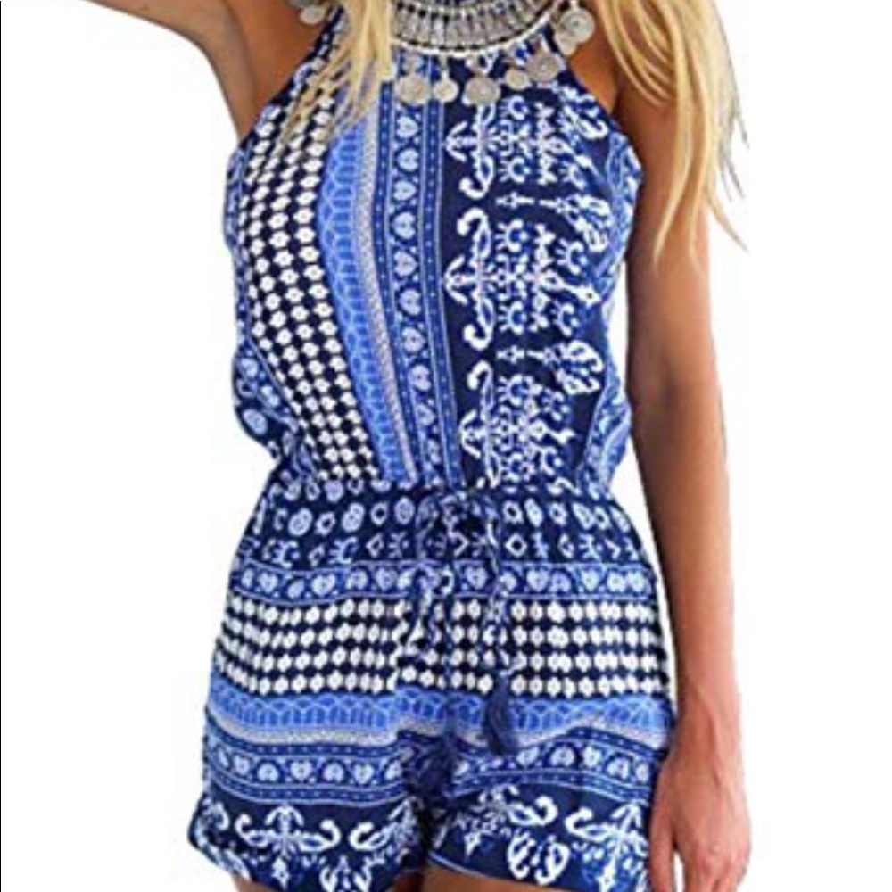 Blue Bohemian Style Open Back Tie Romper